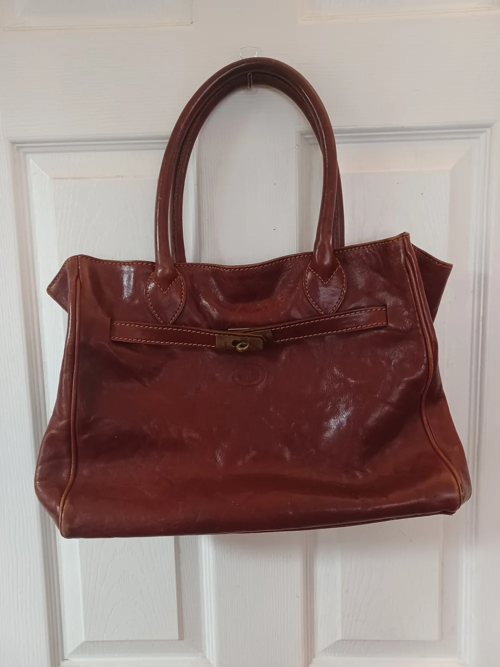 Dionigi Italy Luxury Calfskin Leather Shoulder Bag Locking Flap Red Brown